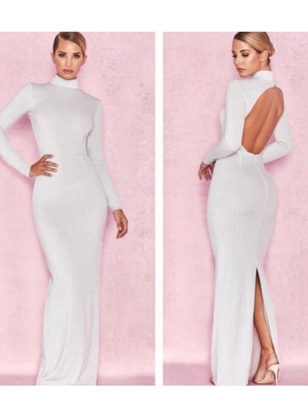NWT House of CB Contessa Silver Sparkly Backless Maxi Dress